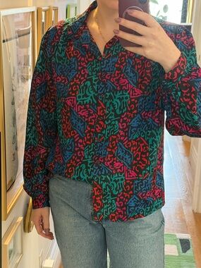 Vintage Women’s Multicolor Abstract Print Long-Sleeve Top